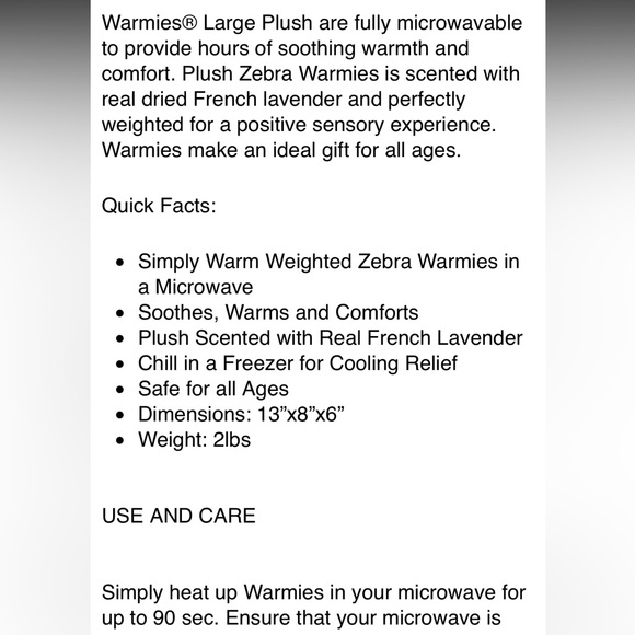 Warmies Zebra Plush weighted calming microwaveable Stuffed Animal os - Picture 7 of 8